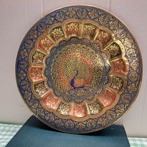 Vintage Painted & Etched Brass Royal Peacock Decorative TRAY  Plate 9.5"